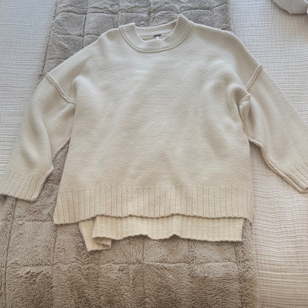 Free People Cream Boxy Crewneck Sweater